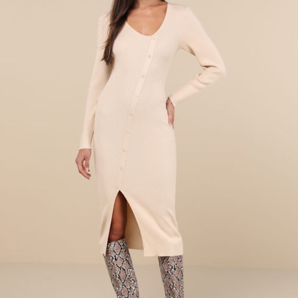 Lulus Demure Attitude Beige Ribbed Asymmetrical Midi Sweater Dress - Size M